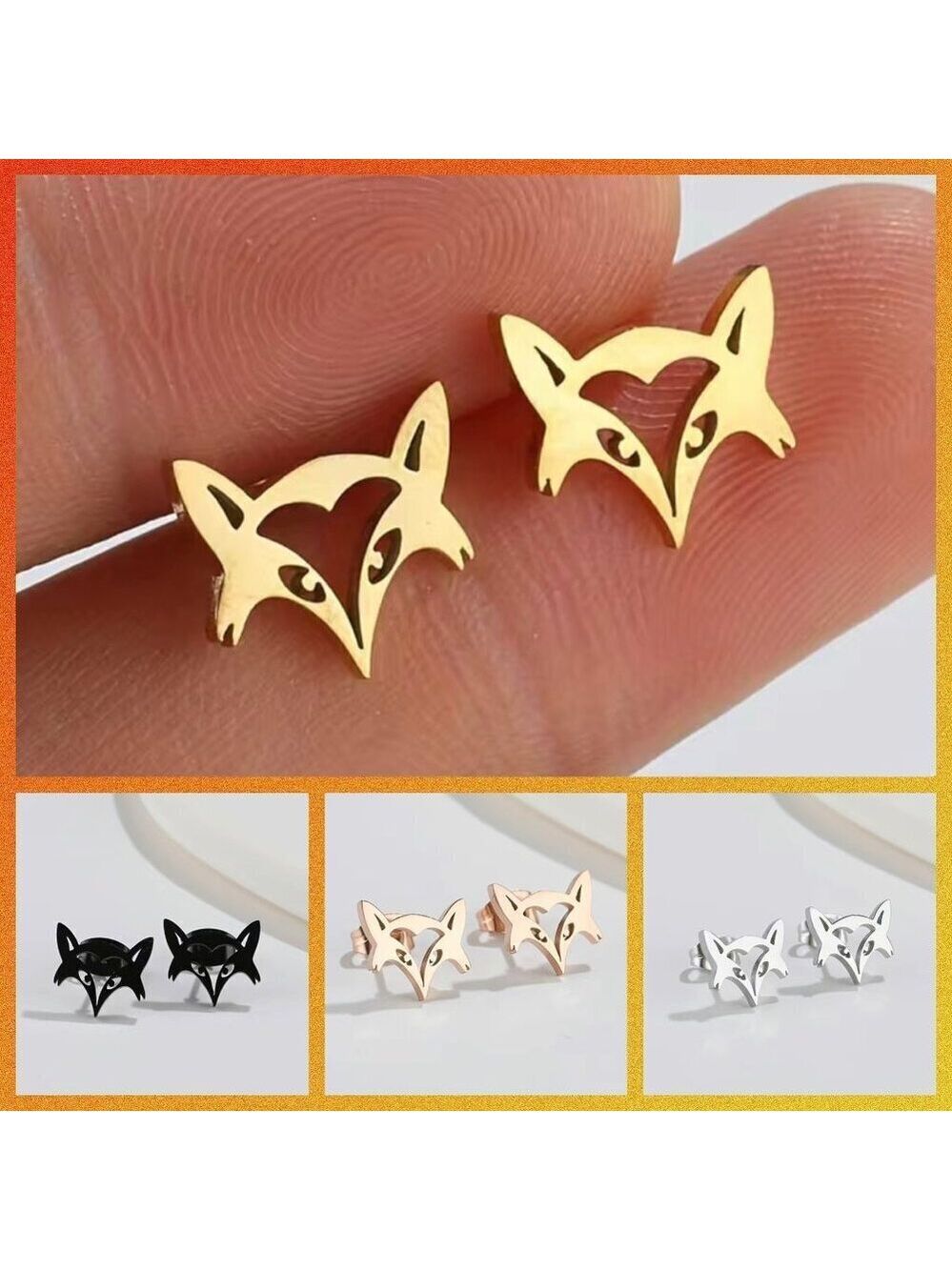 Fox Face Stainless Steel Stud Earrings #816 (Color: Yellow Gold)